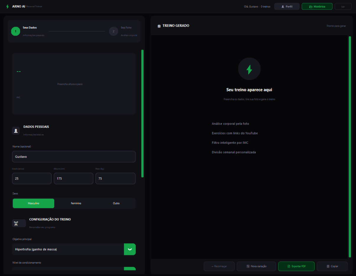 Gerador de treino do Arno AI na versão desktop