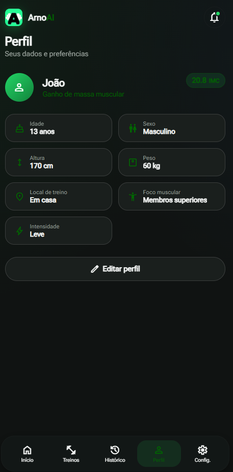 Tela de perfil do aplicativo Arno AI