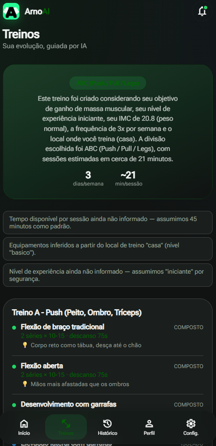 Tela de treinos do aplicativo Arno AI